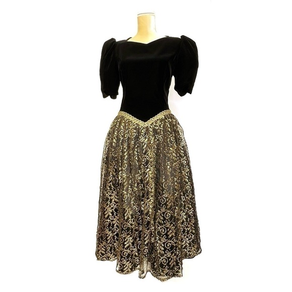 Vintage Scott McClintock Dress Black Velvet Bodice Gold Lace Skirt Size 4-6 Prom - Picture 1 of 9